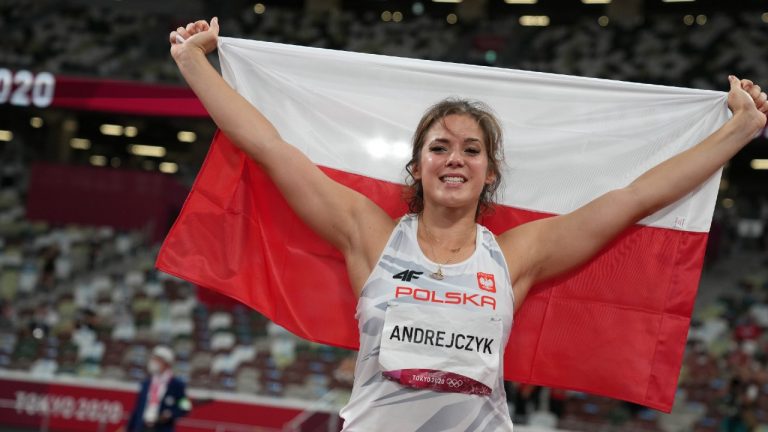 Maria Andrejczyk, of Poland, celebrates after winning the silver medal in the women's javelin throw final at the 2020 Summer Olympics (Matthias Schrader/AP Photo).