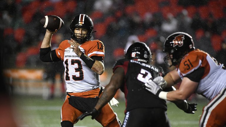 BC Lions quarterback Mike Reilly (13) throws the ball against the Ottawa Redblacks during second half CFL football action in Ottawa on Saturday, Aug. 28, 2021. (Justin Tang/CP)