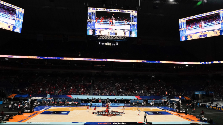 Players get set for the opening tipoff of the championship game between Stanford and Arizona in the women's Final Four NCAA college basketball tournament in San Antonio, in this Sunday, April 4, 2021, file photo. (Morry Gash / AP)