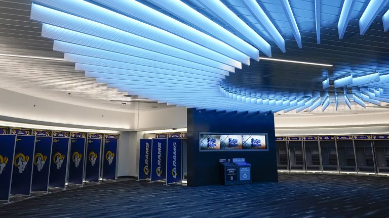 The Los Angeles Rams' locker room inside SoFi Stadium. (Marcio Jose Sanchez/AP)