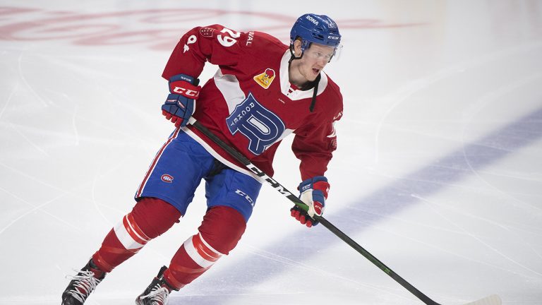 Laval Rocket's Gustav Olofsson skates prior to an AHL hockey game against the Manitoba Moose. (Graham Hughes/CP)