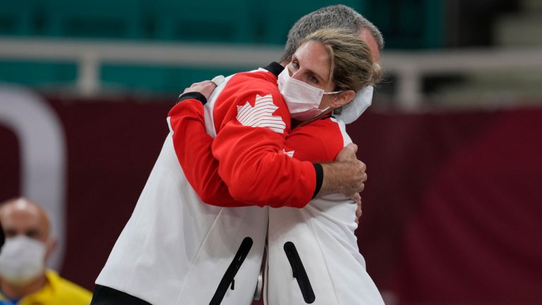 Canada's Priscilla Gagne celebrates after winning a silver medal in women's 52kg judo at the Tokyo 2020 Paralympic Games. (Kiichiro Sato/AP) 