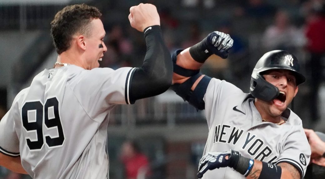 New York Yankees catcher GARY SANCHEZ celebrates his first of 2 home runs