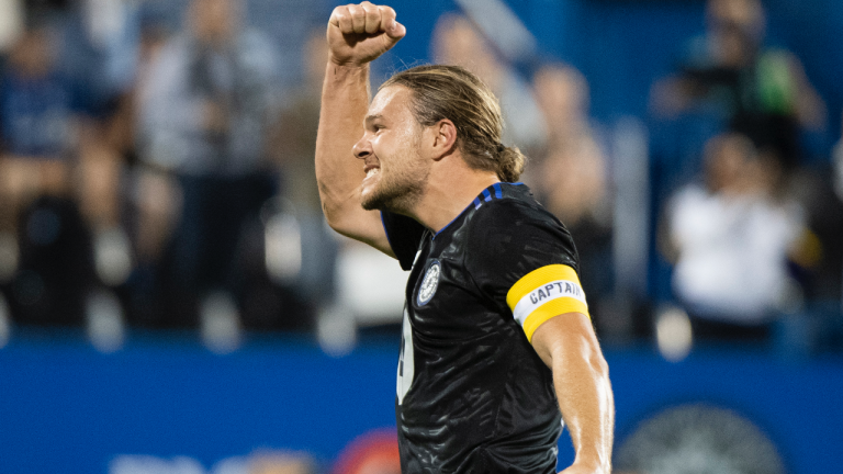 CF Montreal's Samuel Piette reacts after scoring against Toronto FC during first half MLS soccer action in Montreal, Friday, August 27, 2021. (Graham Hughes / CP)