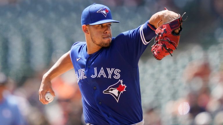 Toronto Blue Jays starting pitcher Jose Berrios throws during the second inning of a baseball game against the Detroit Tigers, Sunday, Aug. 29, 2021, in Detroit. (Carlos Osorio/AP)