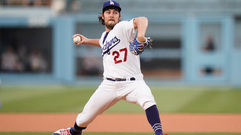 Former Los Angeles Dodgers starting pitcher Trevor Bauer throws against the San Francisco Giants during the first inning of a baseball game, Monday, June 28, 2021, in Los Angeles. (Jae C. Hong / AP) 