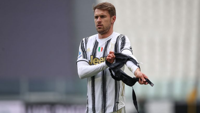 Aaron Ramsey of Juventus puts on a GPS vest to continue with exercise following the final whistle of the Serie A match at Allianz Stadium. (Jonathan Moscrop/AP)