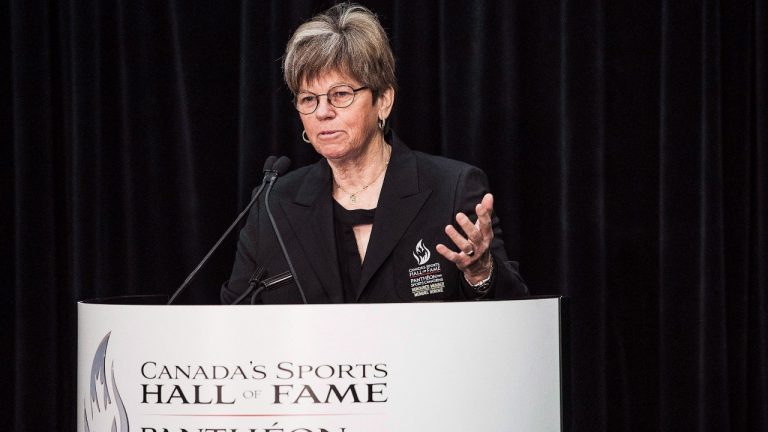 Inductee to Canada's Sports Hall of Fame Jocelyne Bourassa, Golf Builder, speaks at a press conference in Toronto on Wednesday, October 21, 2015. (Aaron Vincent Elkaim/CP)