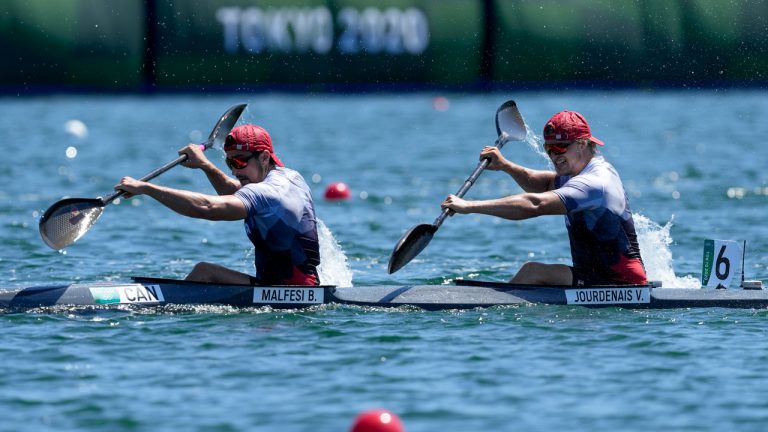 Brian Malfesi and Vincent Jourdenais, of Canada, compete in the men's kayak double 1000m quarterfinal at the 2020 Summer Olympics. (Darron Cummings/AP) 