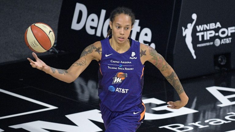 In this July 25, 2020, file photo, Phoenix Mercury center Brittney Griner grabs a rebound during the second half of a WNBA basketball game against the Los Angeles Sparks in Bradenton, Fla. (Phelan M. Ebenhack/AP)