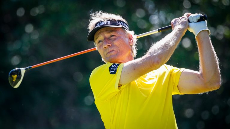 Germany's Bernhard Langer hits from the second tee box during the PGA Tour Champion's Shaw Charity Classic golf event in Calgary, Alta., Friday, Aug. 13, 2021. (Jeff McIntosh/CP)