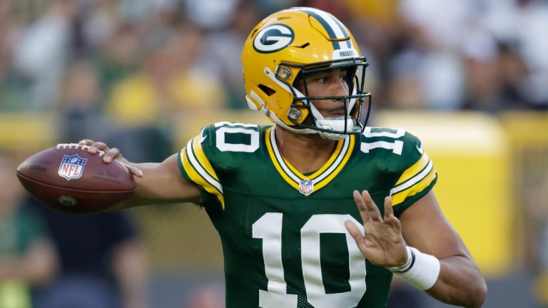 Green Bay Packers' Jordan Love throws a pass during the first half of a pre-season NFL football game against the Houston Texans Saturday, Aug. 14, 2021, in Green Bay, Wis. (Matt Ludtke/AP)