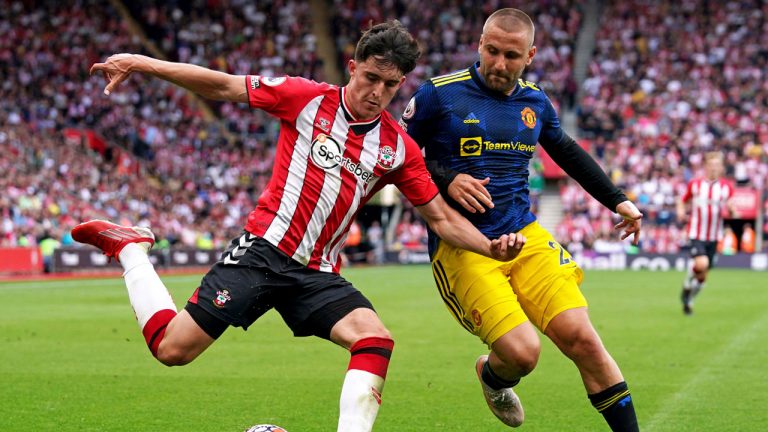 Southampton's Tino Livramento, left, and Manchester United's Luke Shaw during their English Premier League soccer match at St. Mary's Stadium in Southampton. (Andrew Matthews/AP)