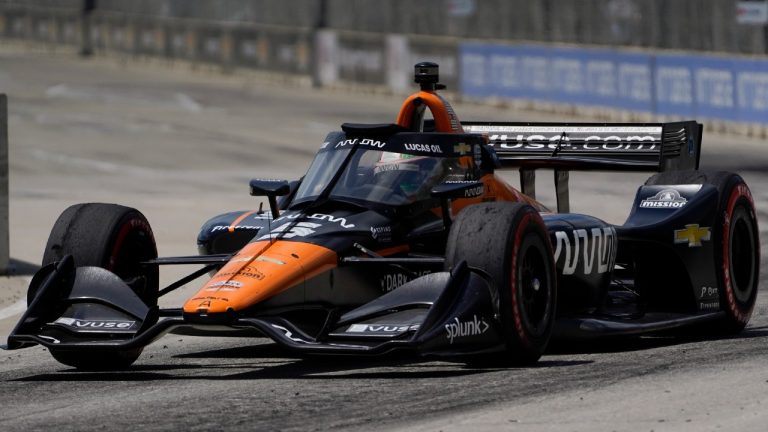 Pato O'Ward (5) races during the second race of the IndyCar Detroit Grand Prix auto racing doubleheader on Belle Isle in Detroit Sunday, June 13, 2021. O'Ward won the race. (Paul Sancya/AP)