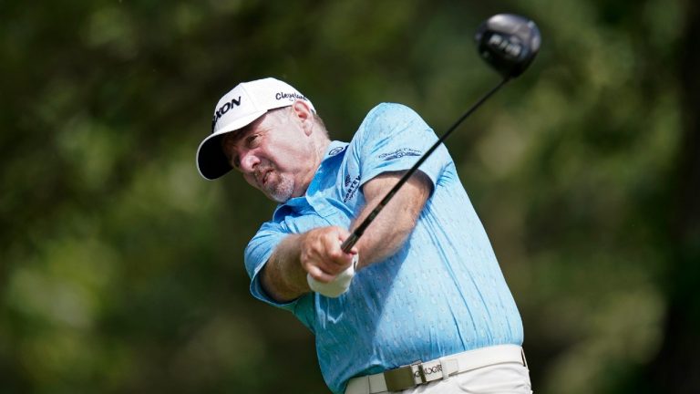 Rod Pampling hits off the third tee during the final round of the PGA Tour Champions Principal Charity Classic golf tournament, Sunday, June 6, 2021, in Des Moines, Iowa. (Charlie Neibergall/AP)