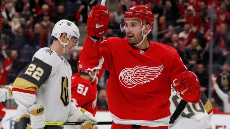 Detroit Red Wings left wing Brendan Perlini reacts after a goal during the first period of an NHL hockey game against the Vegas Golden Knights, Sunday, Nov. 10, 2019, in Detroit. (Carlos Osorio/AP)