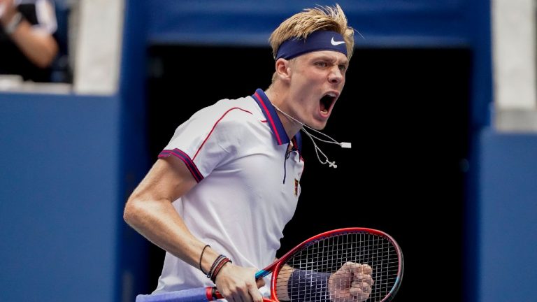 Denis Shapovalov, of Canada, reacts after defeating Federico Delbonis, of Argentina, during the first round of the US Open tennis championships, Tuesday, Aug. 31, 2021, in New York. (John Minchillo/AP)