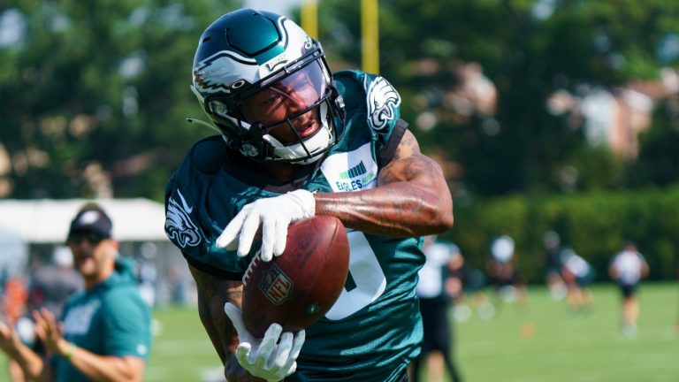 Philadelphia Eagles wide receiver DeVonta Smith catches the ball during practice at NFL football training camp, Wednesday, July 28, 2021, in Philadelphia. (Chris Szagola/AP)