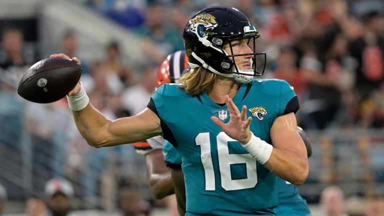 Jacksonville Jaguars quarterback Trevor Lawrence prepares to throw a pass against the Cleveland Browns during the first half of an NFL preseason football game. (Phelan M. Ebenhack/AP) 