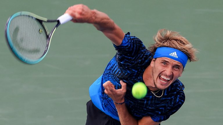 Alexander Zverev, of Germany, serves to Andrey Rublev, of Russia, during the men's single final of the Western & Southern Open tennis tournament in Mason, Ohio, in this Sunday, Aug. 22, 2021, file photo. (Aaron Doster/AP)