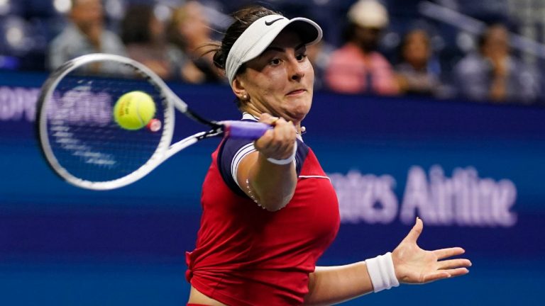 Bianca Andreescu, of Canada, returns a shot to during the first round of the US Open tennis championships, Tuesday, Aug. 31, 2021, in New York. (Frank Franklin II/AP)