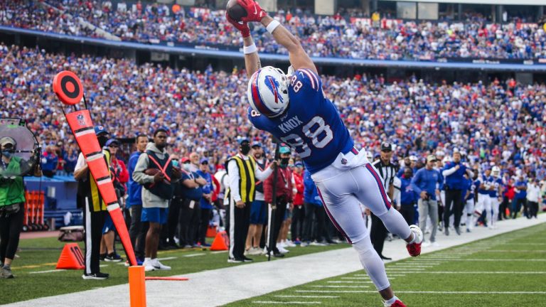 Buffalo Bills tight end Dawson Knox (88) makes a catch for a touchdown during the first half of an NFL football game against the Washington Football Team in Orchard Park, N.Y. (Jeffrey T. Barnes/AP)