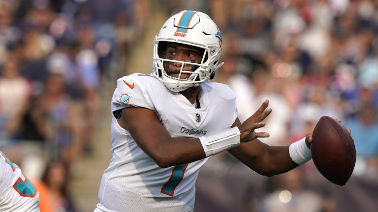 Miami Dolphins quarterback Tua Tagovailoa (1) looks to pass during the first half of an NFL football game against the New England Patriots, Sunday, Sept. 12, 2021, in Foxborough, Mass. (Steven Senne/AP)