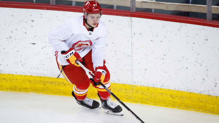 Calgary Flames' Connor Zary skates during a training camp practice in Calgary, Sunday, Jan. 10, 2021. (Jeff McIntosh / CP)