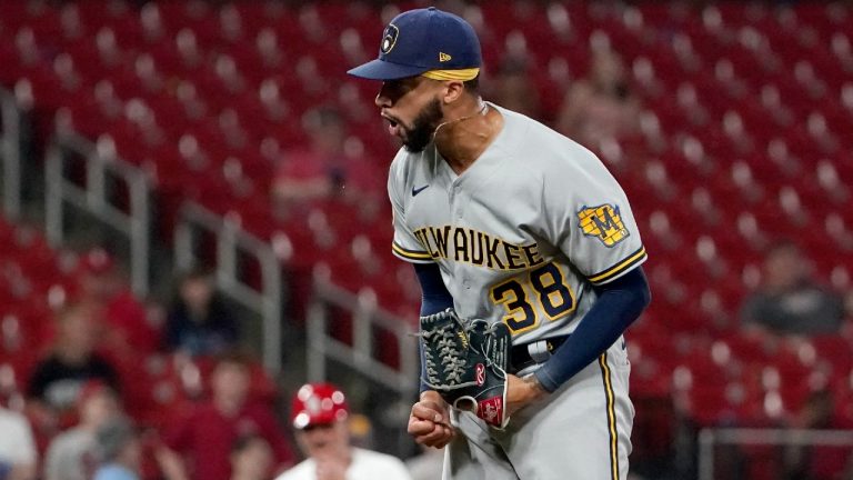 Milwaukee Brewers relief pitcher Devin Williams celebrates a 6-4 victory over the St. Louis Cardinals in a baseball game Wednesday, Aug. 18, 2021, in St. Louis (Jeff Roberson/AP).