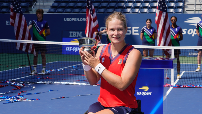 Diede De Groot, of the Netherlands, holds the championship trophy after her victory over Yui Kamiji, of Japan, in the women's wheelchair singles final at the US Open tennis championships, Sunday, Sept. 12, 2021, in New York. (Elise Amendola / AP) 