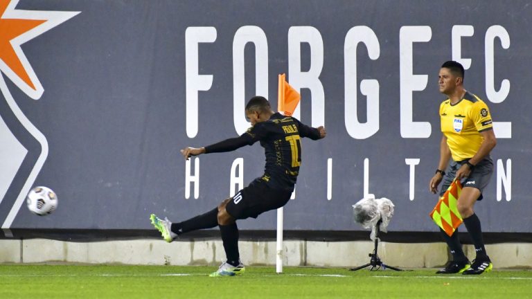 Rafael Aguila (10) of CA Independiente kicks the ball during CONCACAF League soccer action against the Forge FC, in Hamilton, Ont., in a Monday, Sept. 21, 2021, handout photo (Brandon Taylor/CP, HO-CONCACAF, Straffon Images).