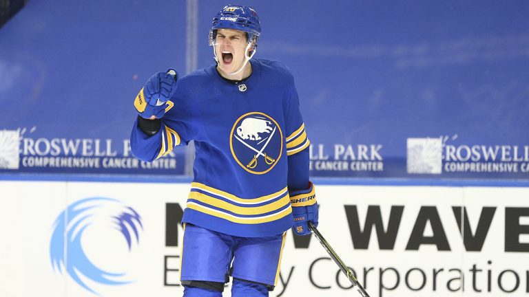 Buffalo Sabres defenceman Henri Jokiharju (10) celebrates his goal during the first period of an NHL hockey game against the Washington Capitals, Friday, April 9, 2021, in Buffalo, N.Y. (AP Photo/Jeffrey T. Barnes)