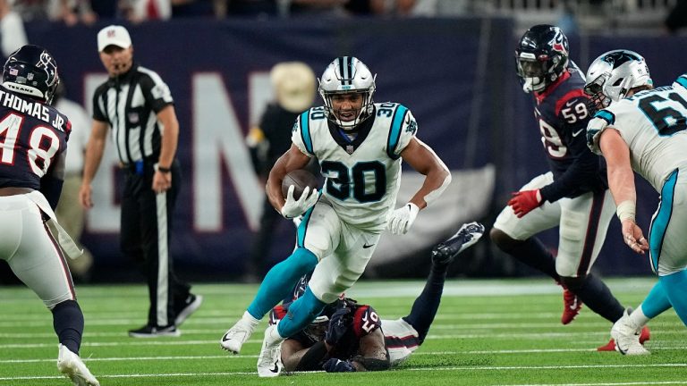 Carolina Panthers running back Chuba Hubbard (30) rushes for a gain against the Houston Texans during the second half of an NFL football game Thursday, Sept. 23, 2021, in Houston. (Eric Christian Smith/AP) 
