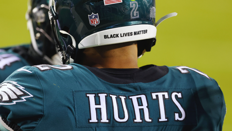 In this Jan. 3, 2021, file photo, Philadelphia Eagles Jalen Hurts wears a Black Lives Matter decal on the back of his helmet during the team's NFL football game against the Washington Football Team in Philadelphia. (Rich Schultz / AP)