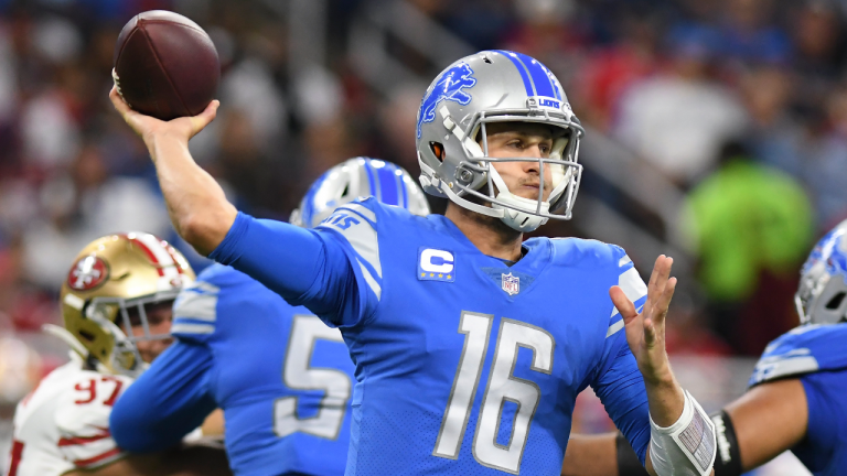 Detroit Lions quarterback Jared Goff (16) throws against the San Francisco 49ers in the second half of an NFL football game in Detroit, Sunday, Sept. 12, 2021. (Lon Horwedel/AP) 