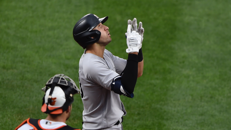 New York Yankees' Joey Gallo reacts after hitting a solo home run against the Baltimore Orioles in the second inning of a baseball game Thursday, Sept. 16, 2021, in Baltimore. (Gail Burton / AP) 