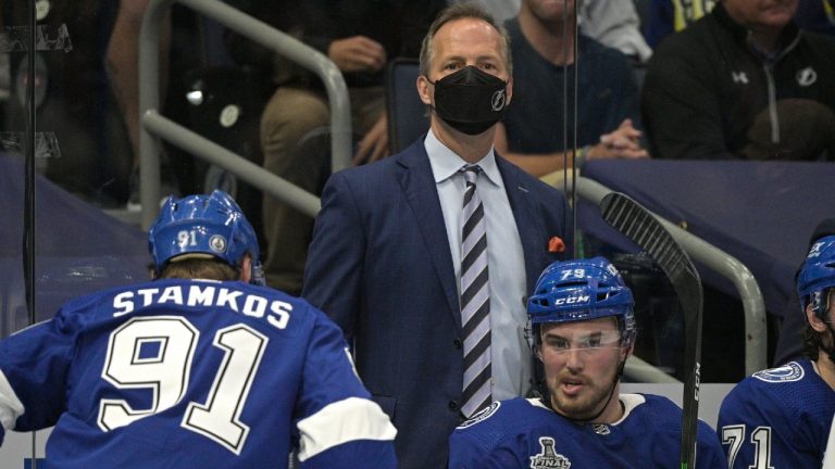 Tampa Bay Lightning head coach Jon Cooper watches from the bench during the second period in Game 1 of the NHL hockey Stanley Cup finals against the Montreal Canadiens, Monday, June 28, 2021, in Tampa, Fla (Phelan Ebenhack/AP).