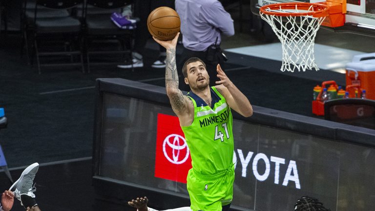 Minnesota Timberwolves forward Juancho Hernangomez (41) shoots against the Sacramento Kings during the second half of an NBA basketball game. (Randall Benton/AP)