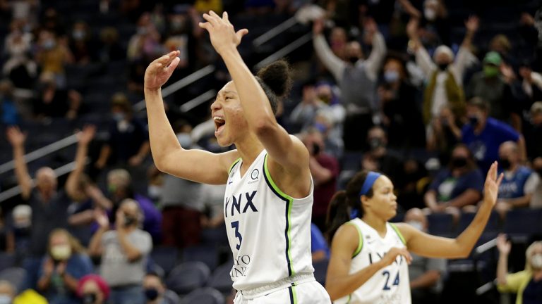 Minnesota Lynx forward/guard Aerial Powers and Minnesota Lynx forward Napheesa Collier (24) celebrate. Andy Clayton-King/AP)