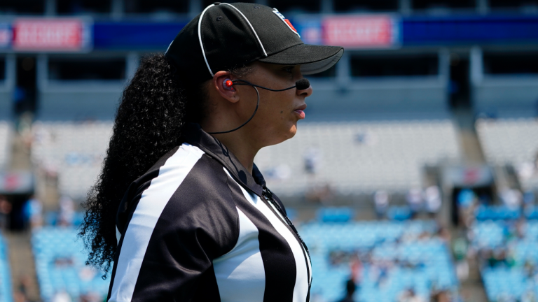 Line judge Maia Chaka arrives for a an NFL football game between the Carolina Panthers and the New York Jets Sunday, Sept. 12, 2021, in Charlotte, N.C. (Jacob Kupferman / AP) 