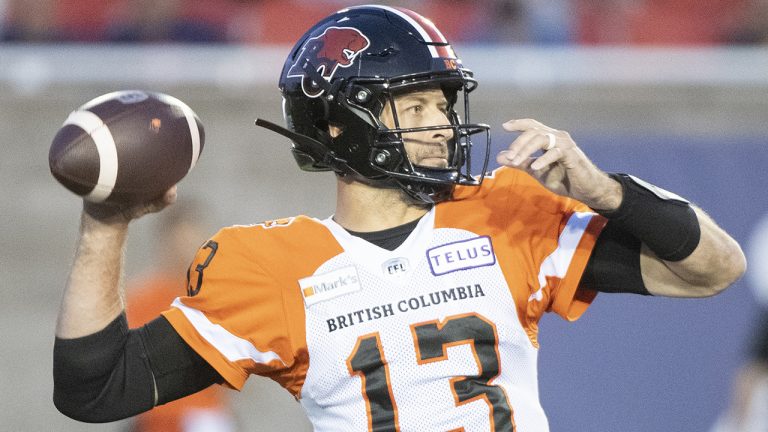 B.C. Lions quarterback Michael Reilly throws a pass during first half CFL football action against the Montreal Alouettes in Montreal, Saturday, September 18, 2021. (Graham Hughes/CP)