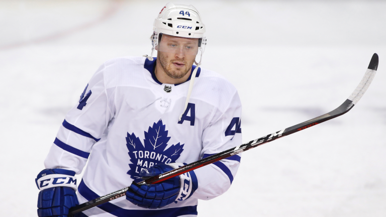 NHL profile photo on Toronto Maple Leafs player Morgan Rielly at a game against the Calgary Flames in Calgary, Alta. on Jan. 24, 2021. (Larry MacDougal / CP)