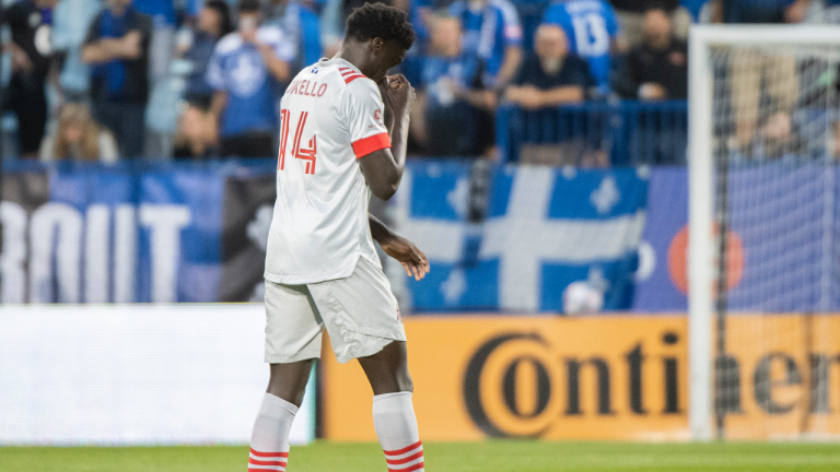 Toronto FC's Noble Okello walks off the pitch after he was given a red card by the referee during first half MLS soccer action against CF Montreal in Montreal, Friday, August 27, 2021. (Graham Hughes / CP)