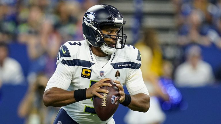 Seattle Seahawks quarterback Russell Wilson (3) throws against the Indianapolis Colts in the first half of an NFL football game in Indianapolis, Sunday, Sept. 12, 2021. (Charlie Neibergall/AP)