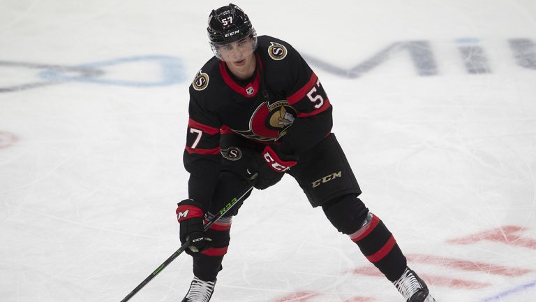 Ottawa Senators centre Shane Pinto skates during warm-up in Ottawa. (CP)