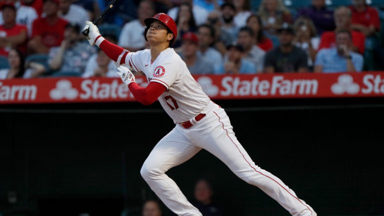 Los Angeles Angels designated hitter Shohei Ohtani flies out during the first inning of the team's baseball game against the New York Yankees in Anaheim, Calif., Tuesday, Aug. 31, 2021. (Alex Gallardo/AP)