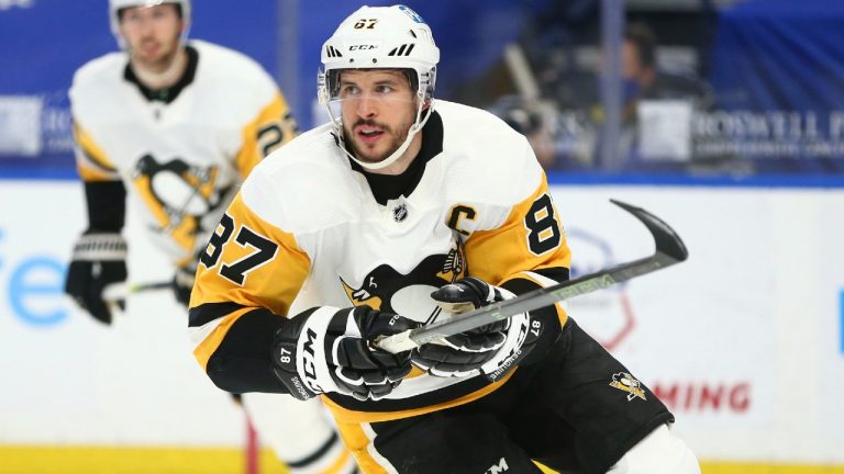 Pittsburgh Penguins forward Sidney Crosby (87) skates up ice during the first period of an NHL hockey game against the Buffalo Sabres, Sunday, April 18, 2021, in Buffalo, N.Y. (Jeffrey T. Barnes/AP)