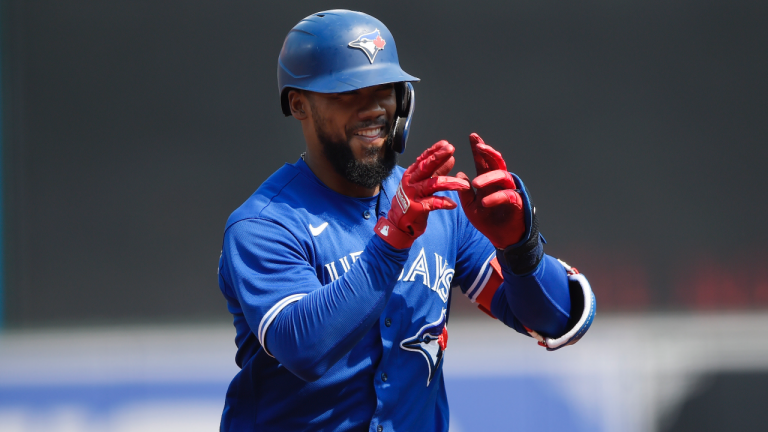 Toronto Blue Jays' Teoscar Hernandez reacts after hitting a grand slam against the Baltimore Orioles in the third inning of a baseball game Sunday, Sept. 12, 2021 in Baltimore. (Gail Burton / AP) 