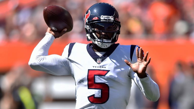 Houston Texans quarterback Tyrod Taylor throws during the first half of an NFL football game against the Cleveland Browns, Sunday, Sept. 19, 2021, in Cleveland. (David Richard/AP)