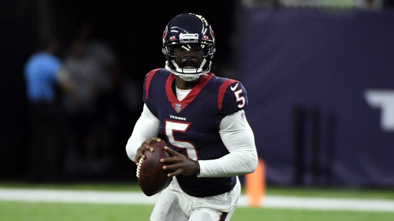 Houston Texans quarterback Tyrod Taylor (5) looks to throw a pass against the Tampa Bay Buccaneers during the first half of an NFL preseason football game. (Justin Rex/AP)